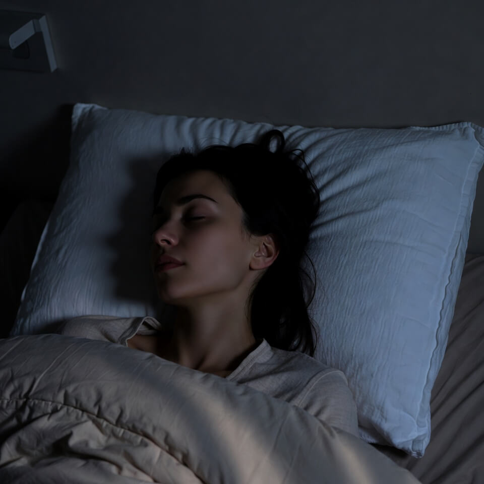 Woman sleeping peacefully in bed with white pillow and beige blanket in dim light