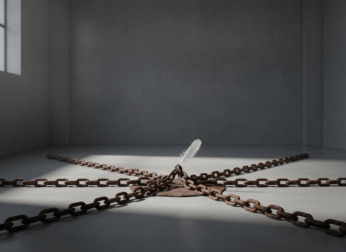 Rusty chains anchored to the floor with a single white feather caught in the center in a dimly lit room.