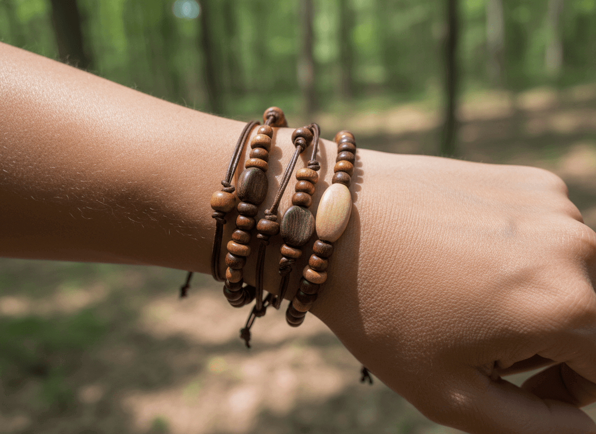 Close-up of a wrist wearing multiple brown wooden bead bracelets outdoors in a forest setting.