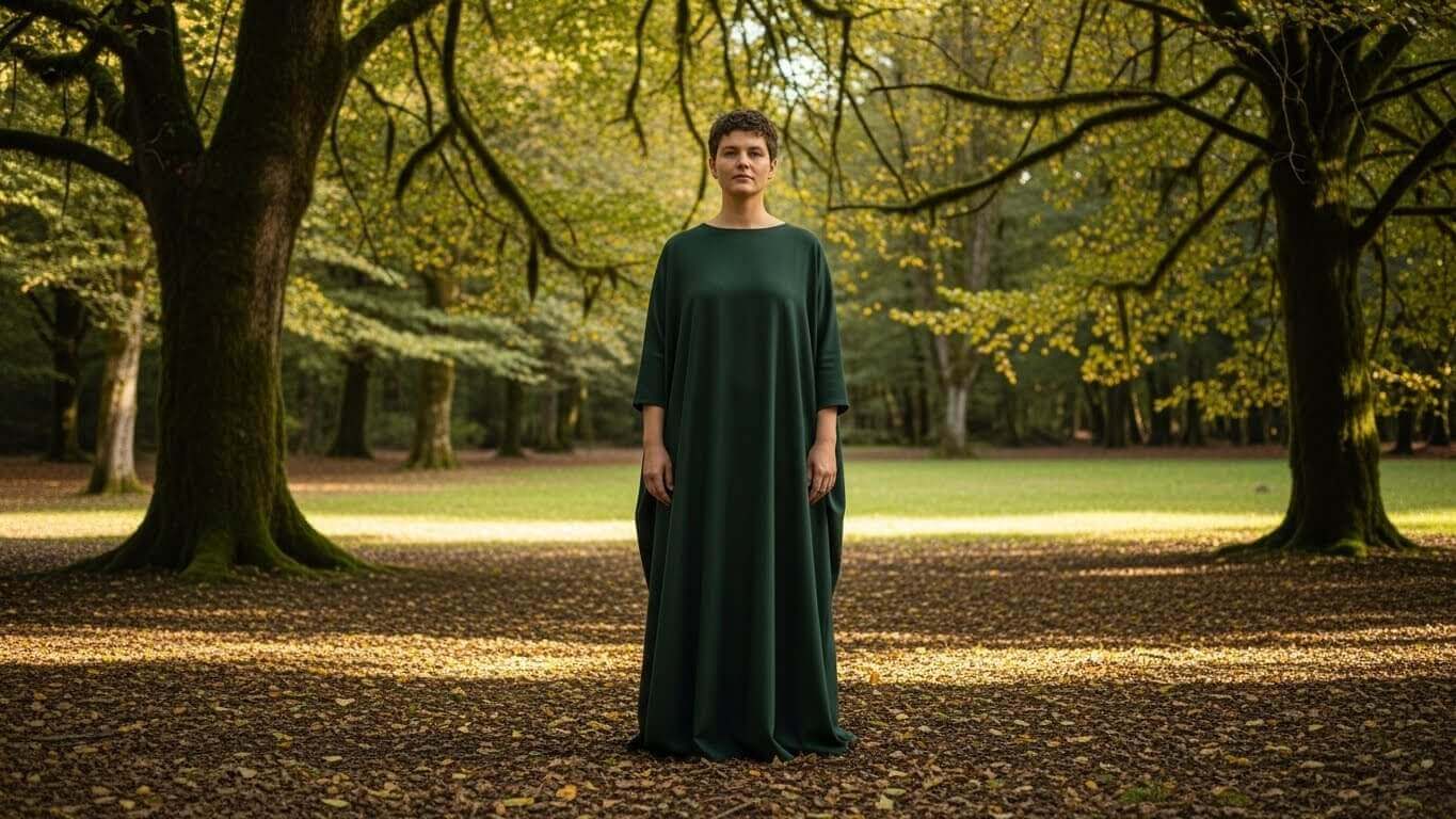 Person wearing a long dark green dress standing in a sunlit forest with autumn leaves on the ground.