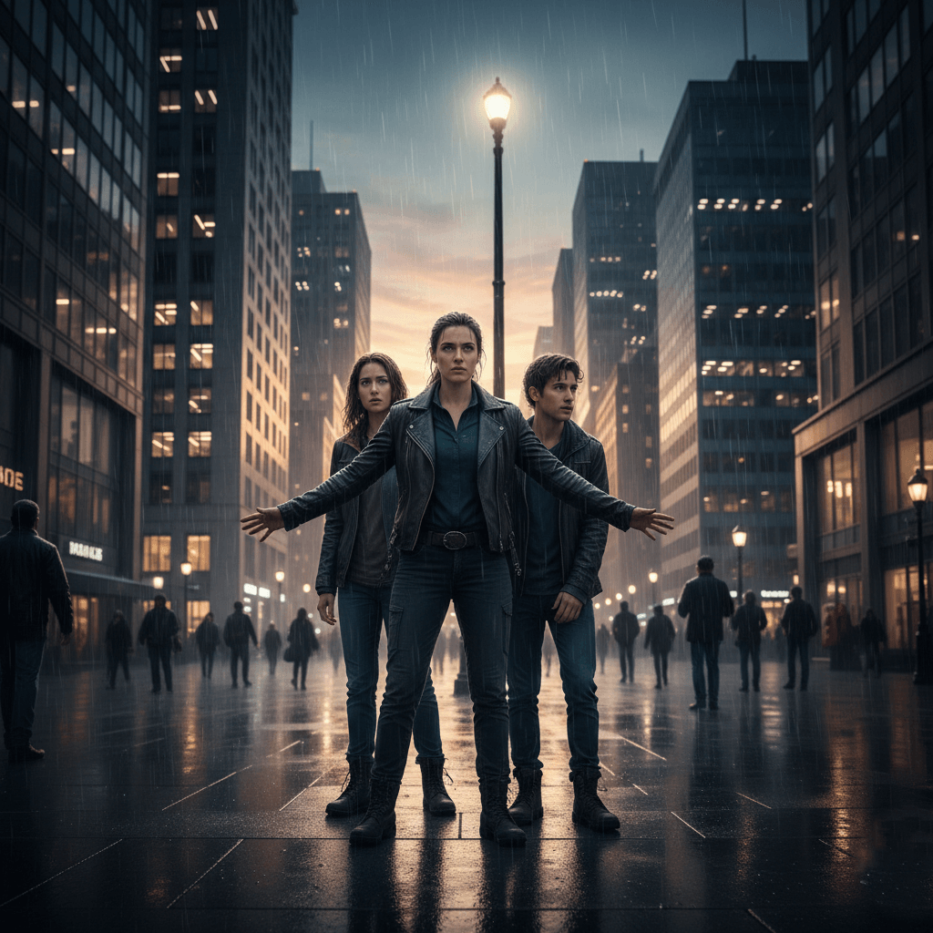 Three young adults in leather jackets standing protectively in a rainy city street at dusk with tall buildings and streetlights.