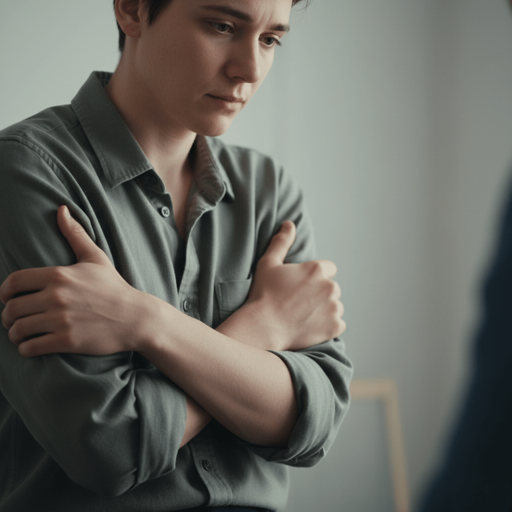 Young person in a green shirt hugging themselves with a contemplative expression in a neutral indoor setting