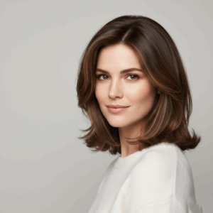 Young woman with shoulder-length brown hair wearing a white sweater against a neutral background.