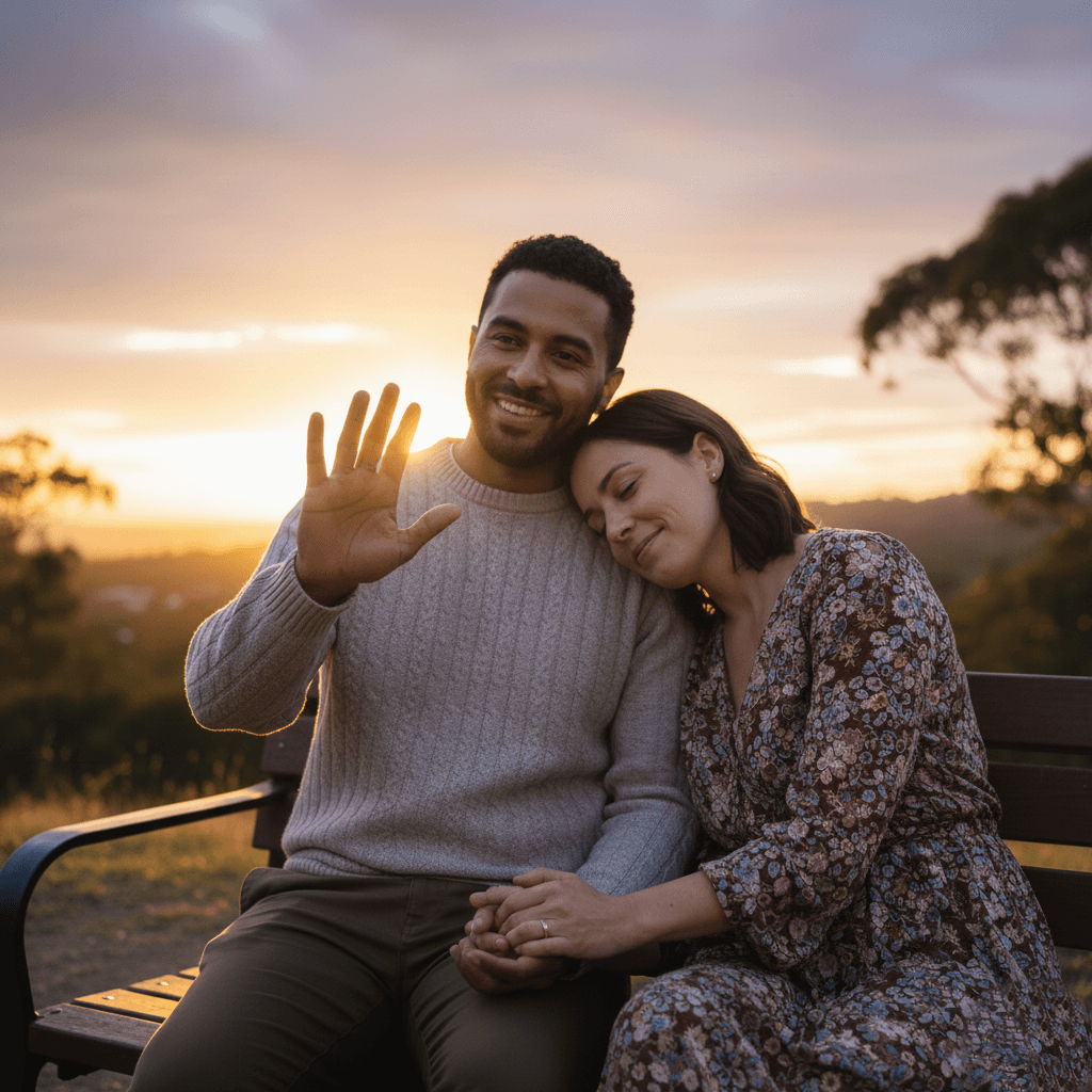 Couple sitting on a bench at sunset, man waving and woman resting her head on his shoulder holding hands.