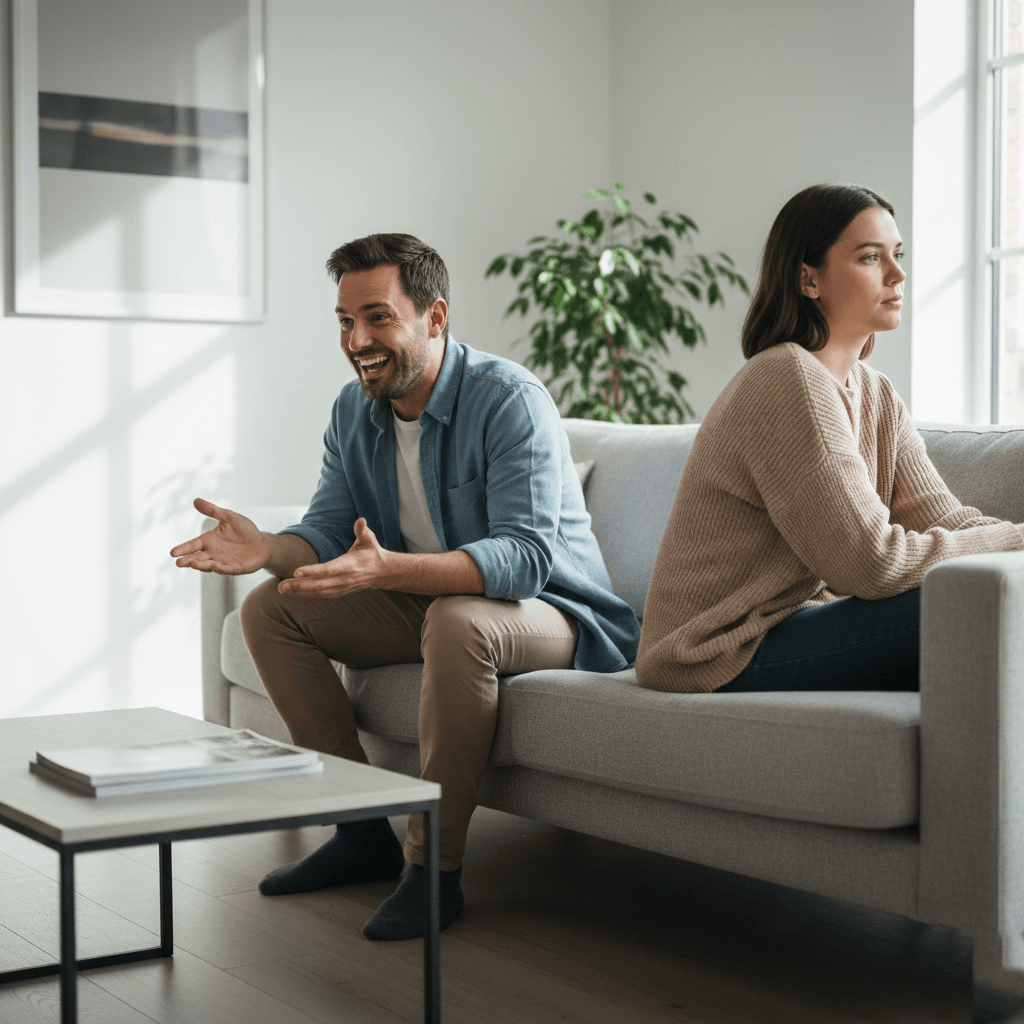 Man in blue shirt talking and gesturing while woman in beige sweater sits turned away on couch in living room