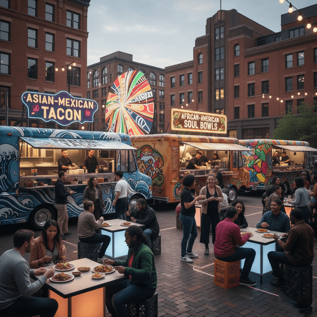 People eating and socializing at outdoor tables near Asian-Mexican taco and African-American soul bowls food trucks in an urban plaza.
