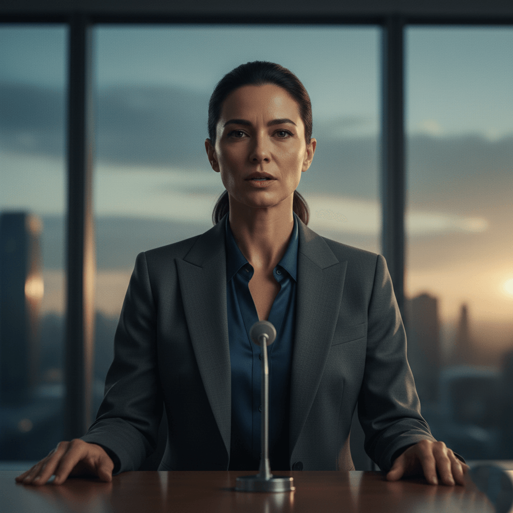 Professional woman in a suit speaking into a microphone with a cityscape at sunset in the background.