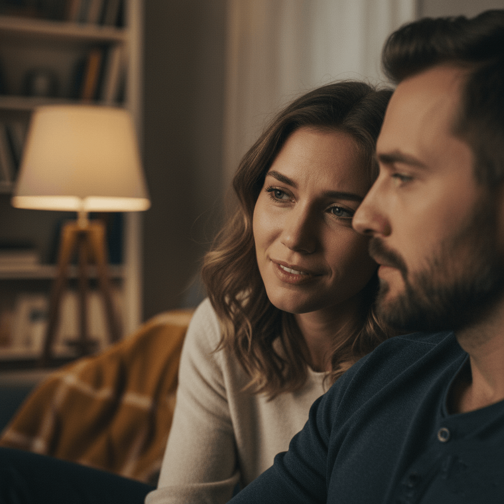 Couple sitting closely indoors with warm lighting, the woman looking thoughtfully at the man.