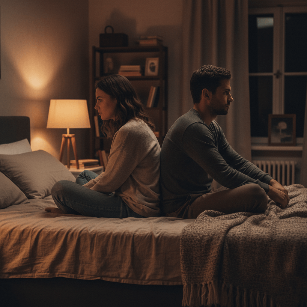 Couple sitting back-to-back on a bed in a dimly lit bedroom, appearing upset or distant.