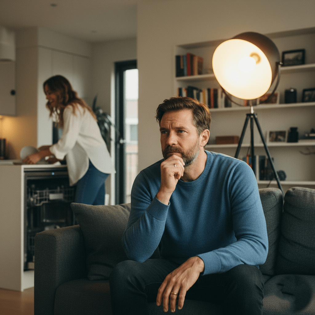 Man in blue sweater sitting on couch looking thoughtful while woman loads dishwasher in modern living room