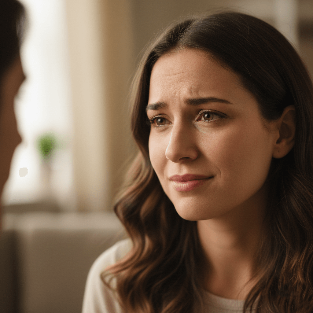 Young woman with long brown hair looking concerned during a conversation indoors
