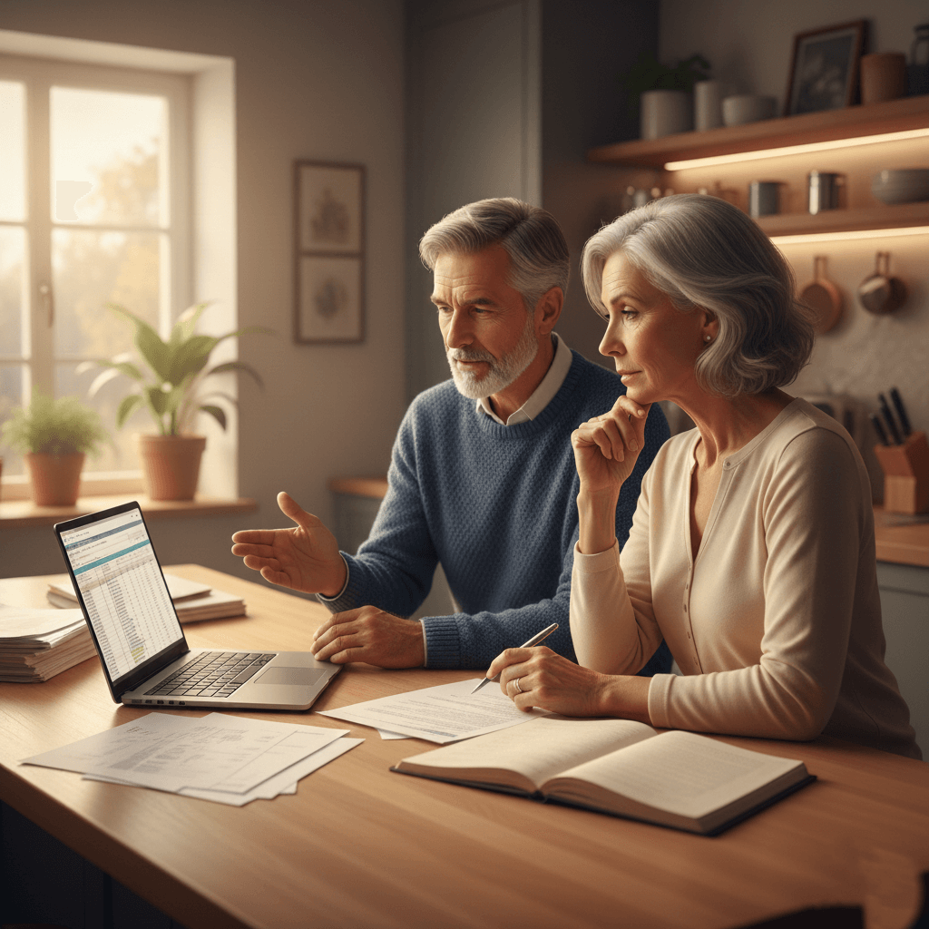 Older couple reviewing financial documents and a spreadsheet on a laptop at a kitchen table.