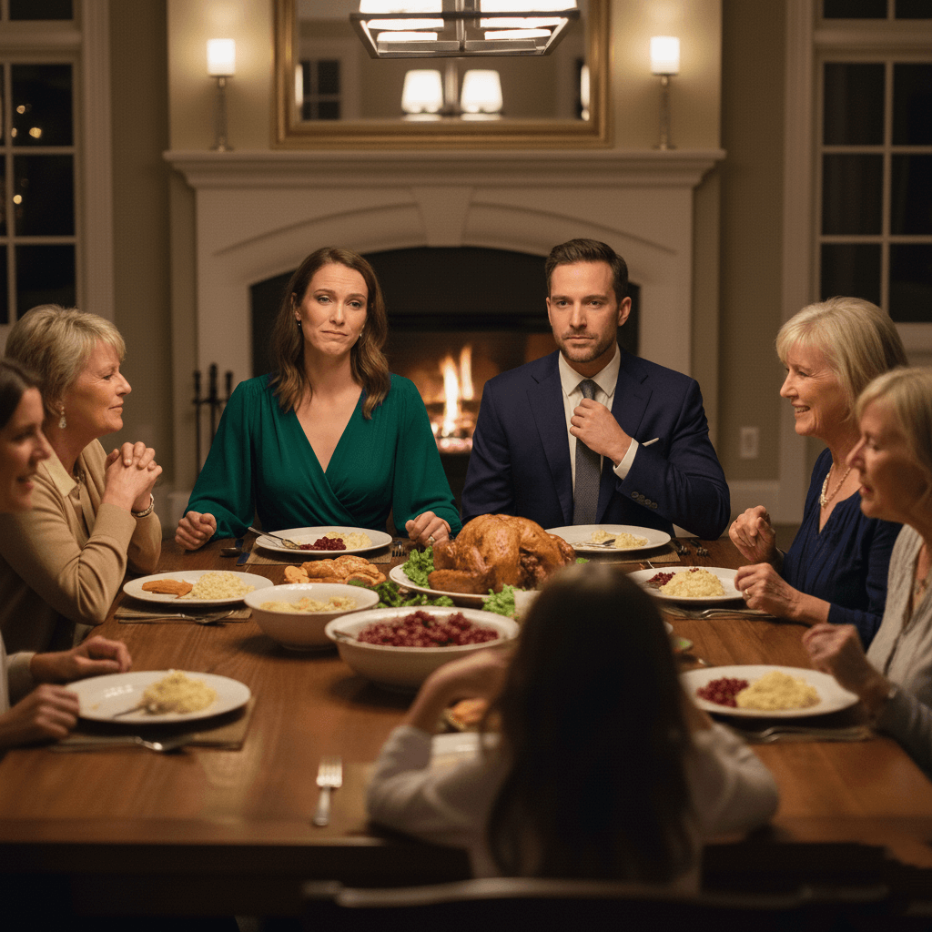 Family gathered around a table with a roasted turkey and side dishes in a warmly lit dining room.