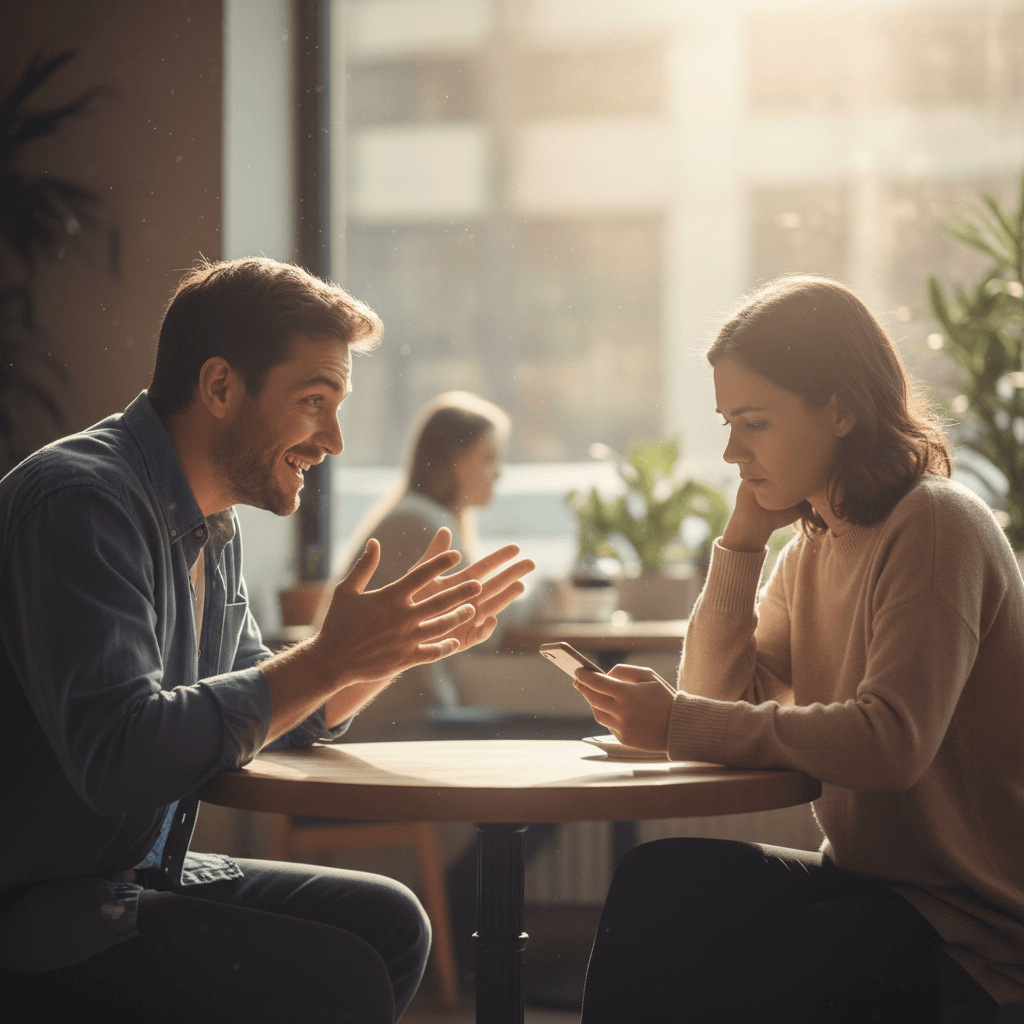 Man animatedly talking to woman looking at her phone at a cafe table in natural light