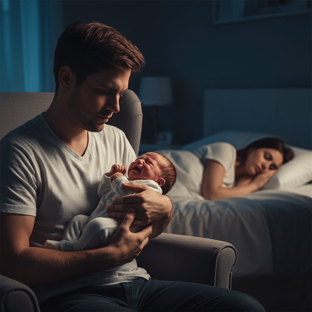 Father soothing crying newborn baby while mother sleeps in bed at night