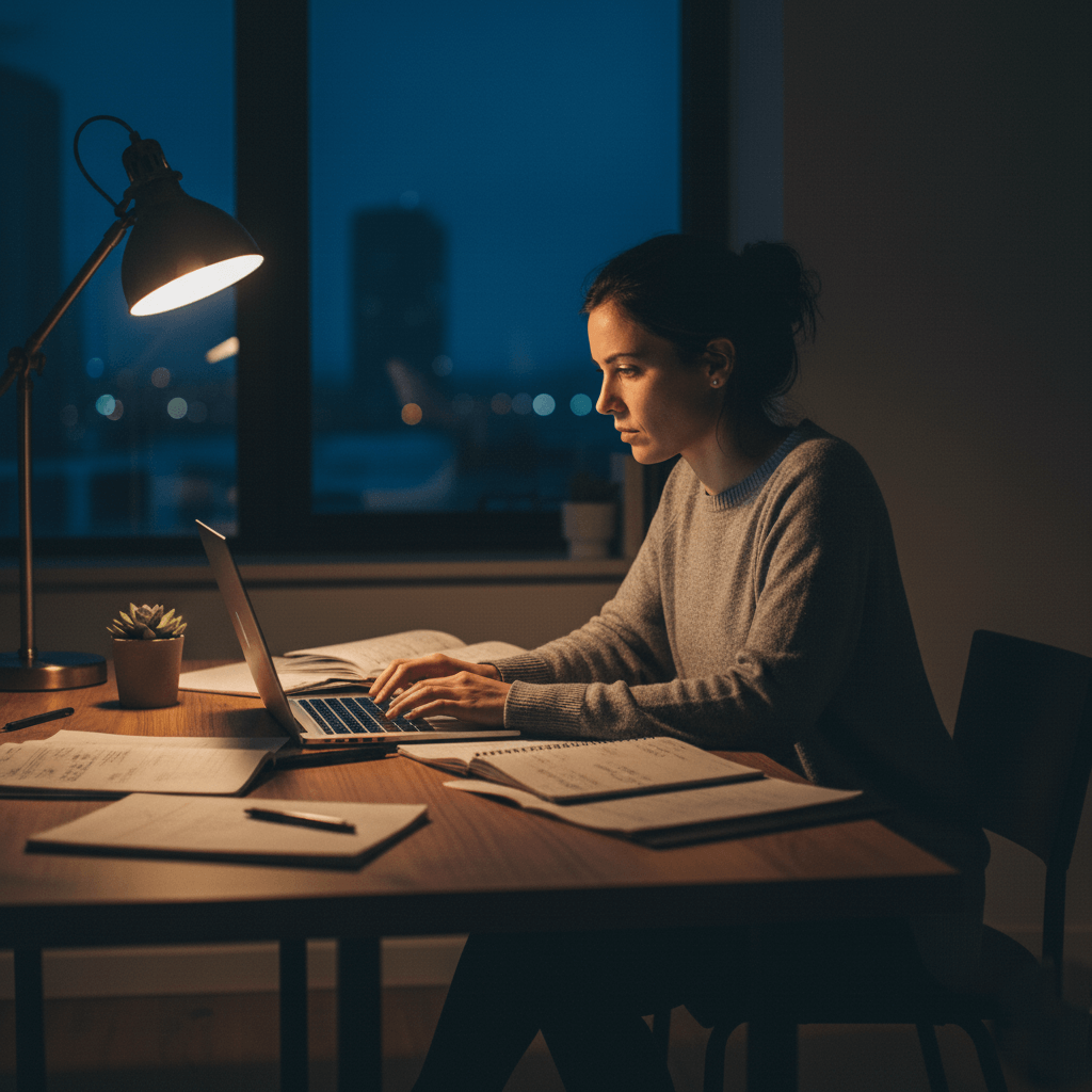 Woman working on a laptop at a desk with notebooks and a lamp at night.