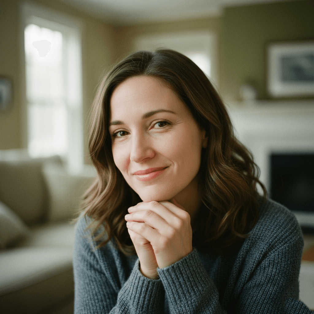 Smiling woman with wavy brown hair wearing a gray sweater, resting her chin on her clasped hands in a cozy living room.