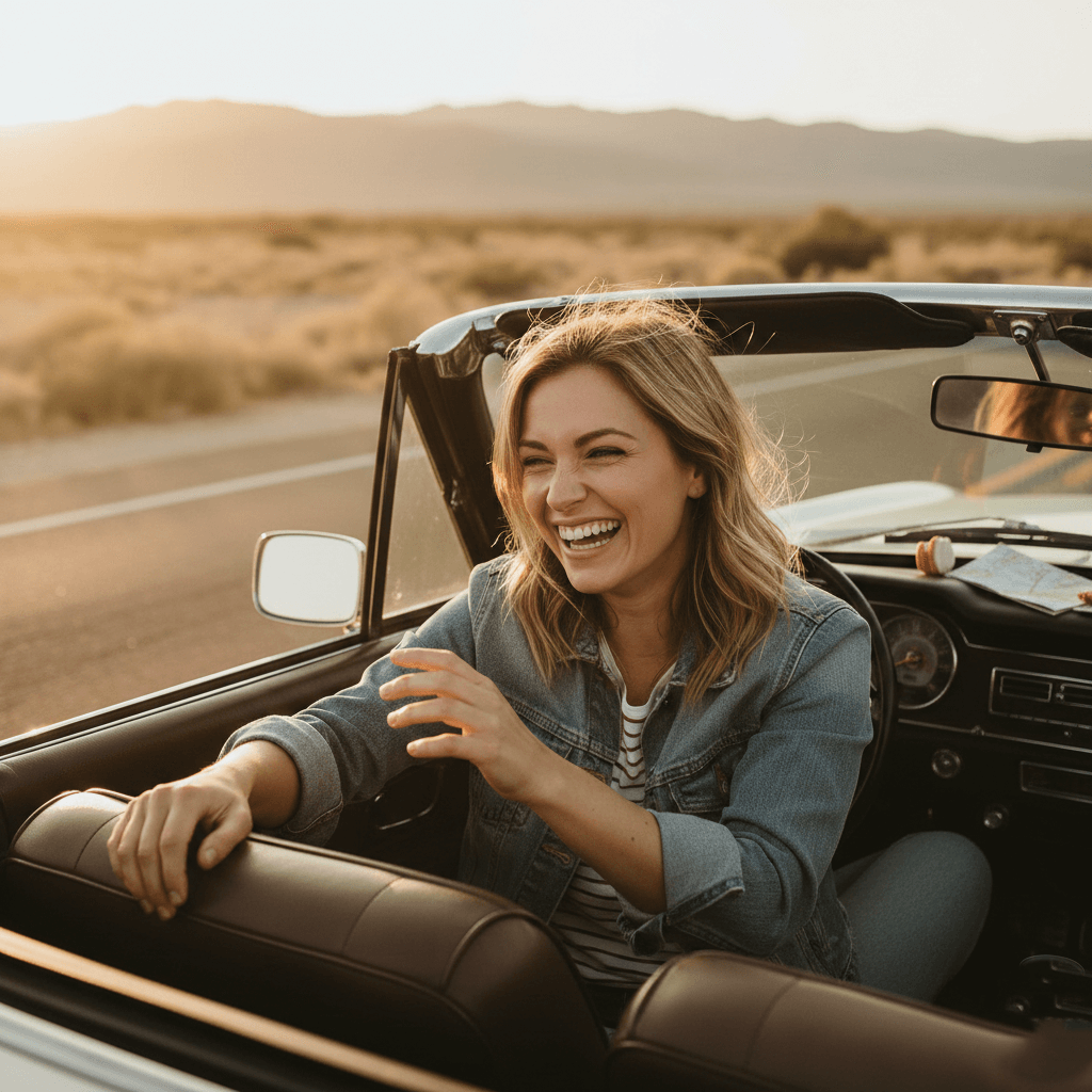 Smiling woman in a denim jacket sitting in the driver's seat of a convertible car on a sunny road trip.