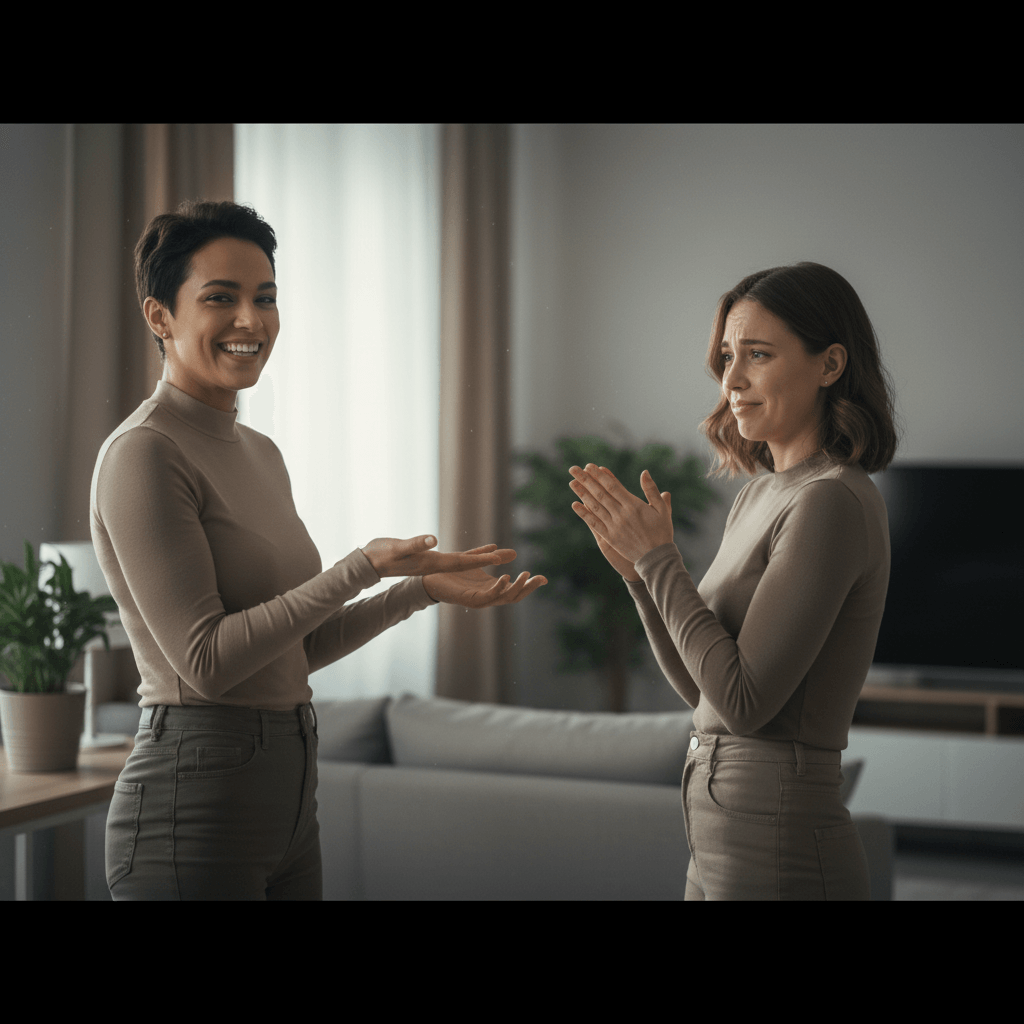 Two women in beige tops and pants communicating indoors, one smiling and gesturing, the other clapping with a concerned expression.