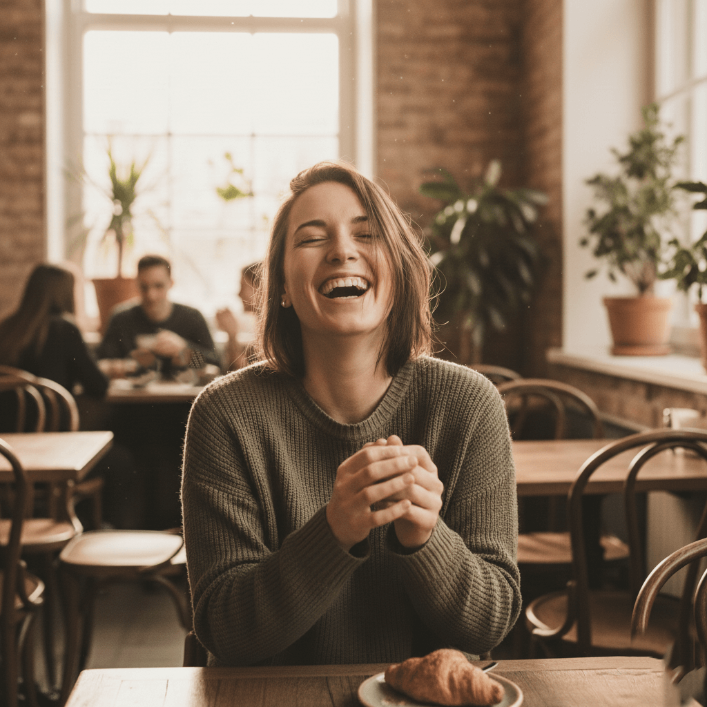 Young woman laughing joyfully in a cozy cafe wearing a green sweater with a croissant on the table.