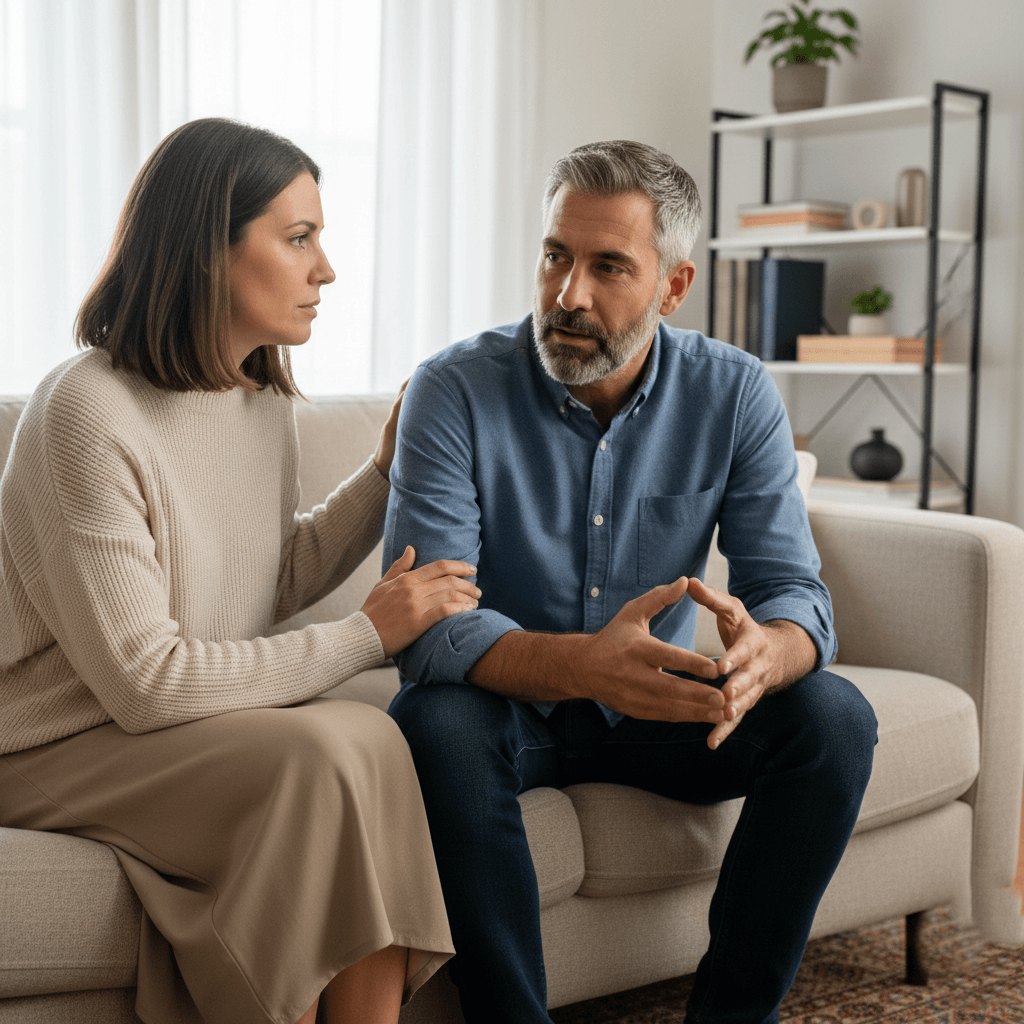 Woman comforting a man during a serious conversation on a beige couch in a living room.