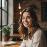 Smiling young woman with wavy hair wearing a cream sweater sitting at a wooden table in a cozy cafe.