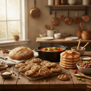 Freshly baked chocolate chip cookies, stack of pancakes with syrup and butter, loaf of bread, and tomato basil soup on wooden table