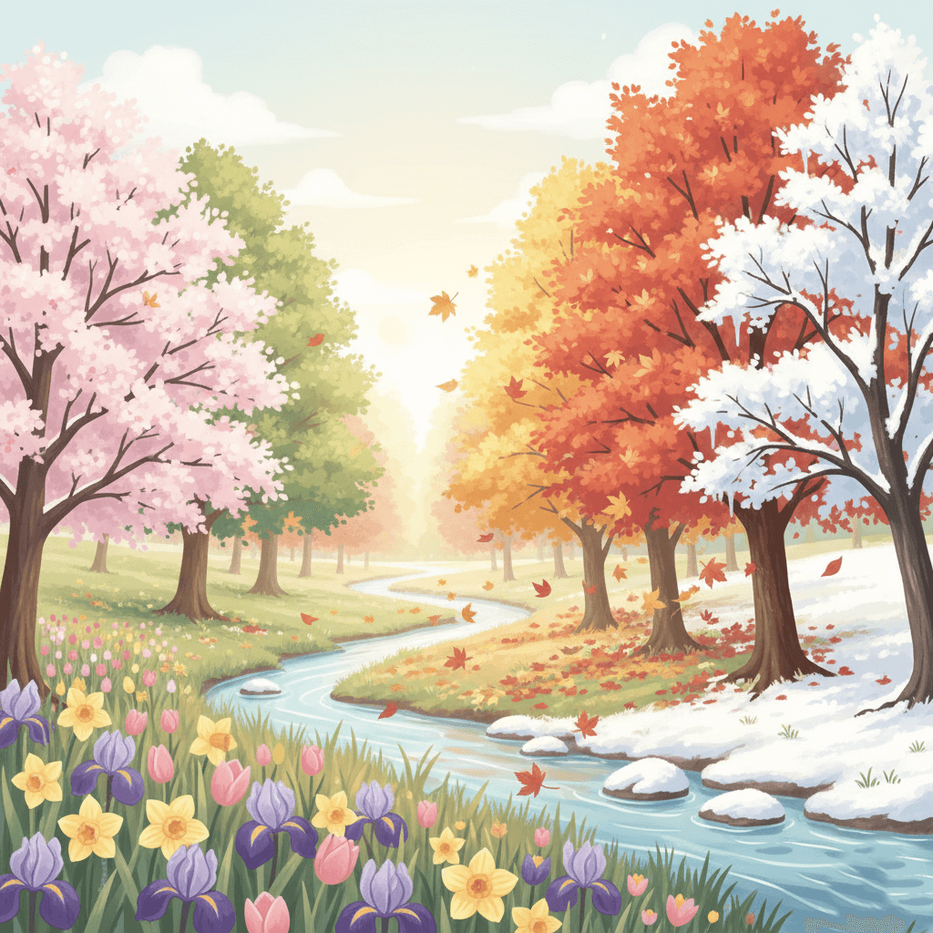 A winding river flows through trees showing all four seasons with spring flowers, green leaves, autumn foliage, and winter snow.