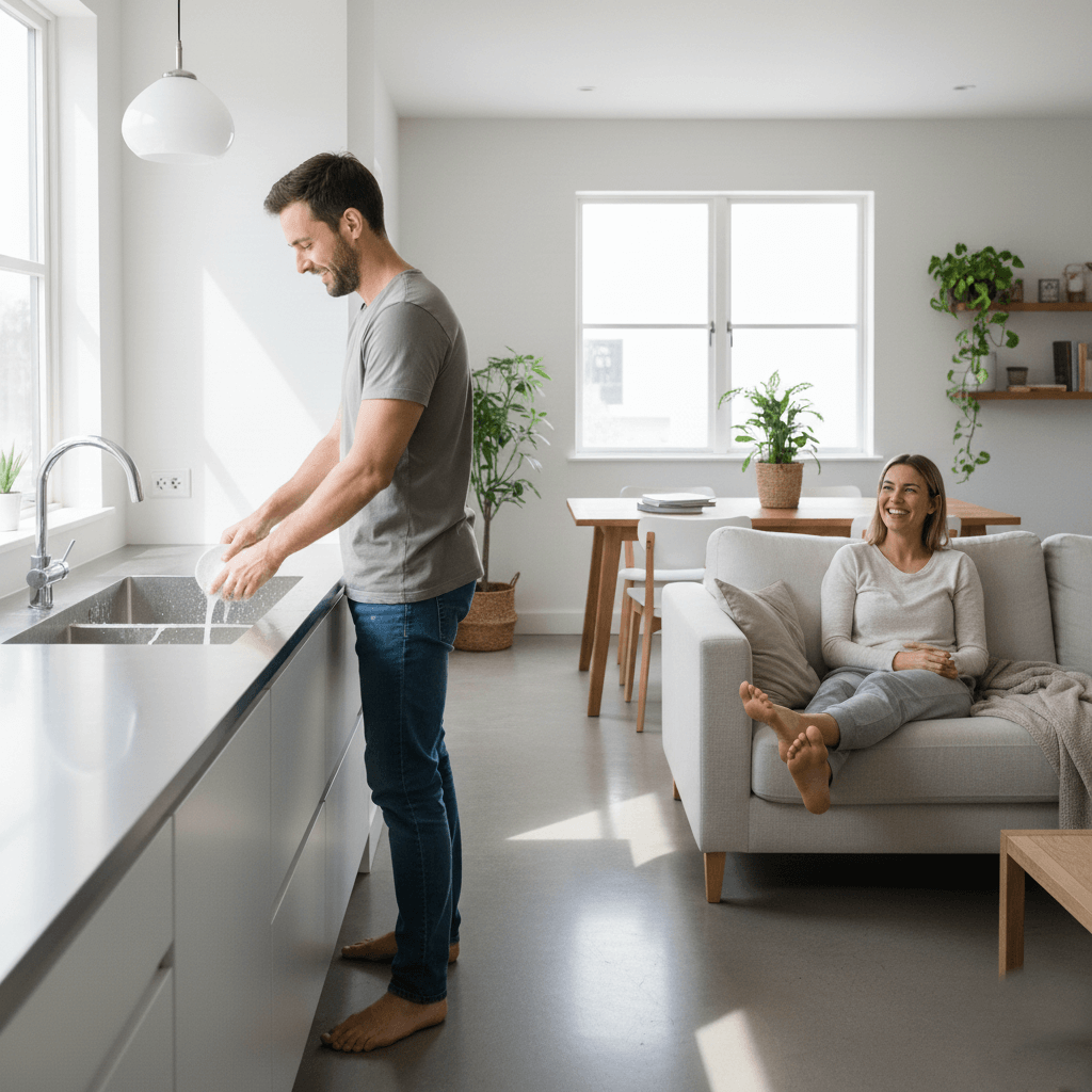 Man washing dishes barefoot in kitchen while woman relaxes on couch smiling in modern living room