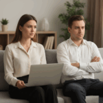 Serious young man and woman sitting apart on a couch, woman holding a laptop, both looking away.