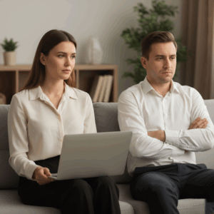Serious young man and woman sitting apart on a couch, woman holding a laptop, both looking away.