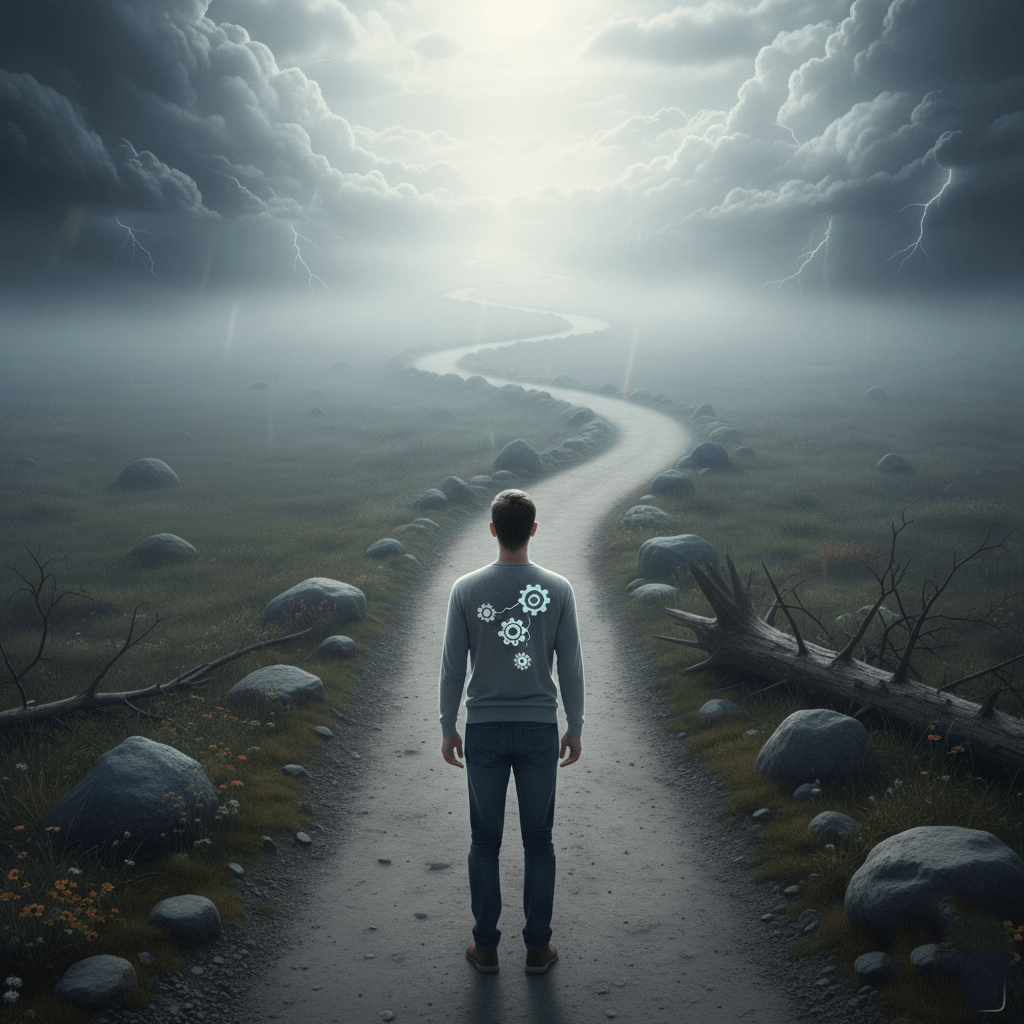 Man with gear icons on back standing on winding path under stormy sky with lightning.