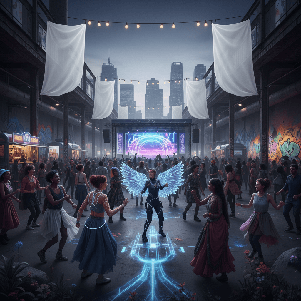 People dancing at an urban outdoor event with a person wearing glowing digital wings in the center.