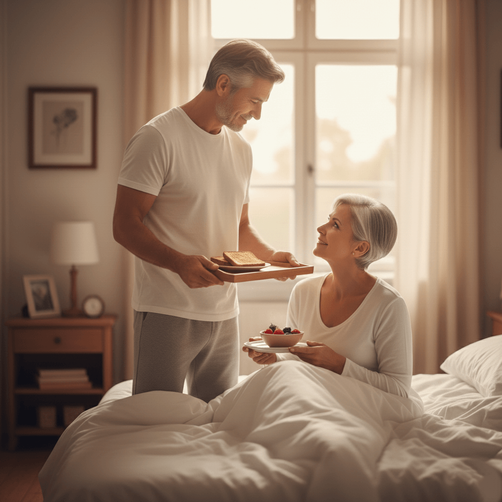 Middle-aged man serving breakfast in bed to smiling woman holding a bowl of berries in a cozy bedroom.