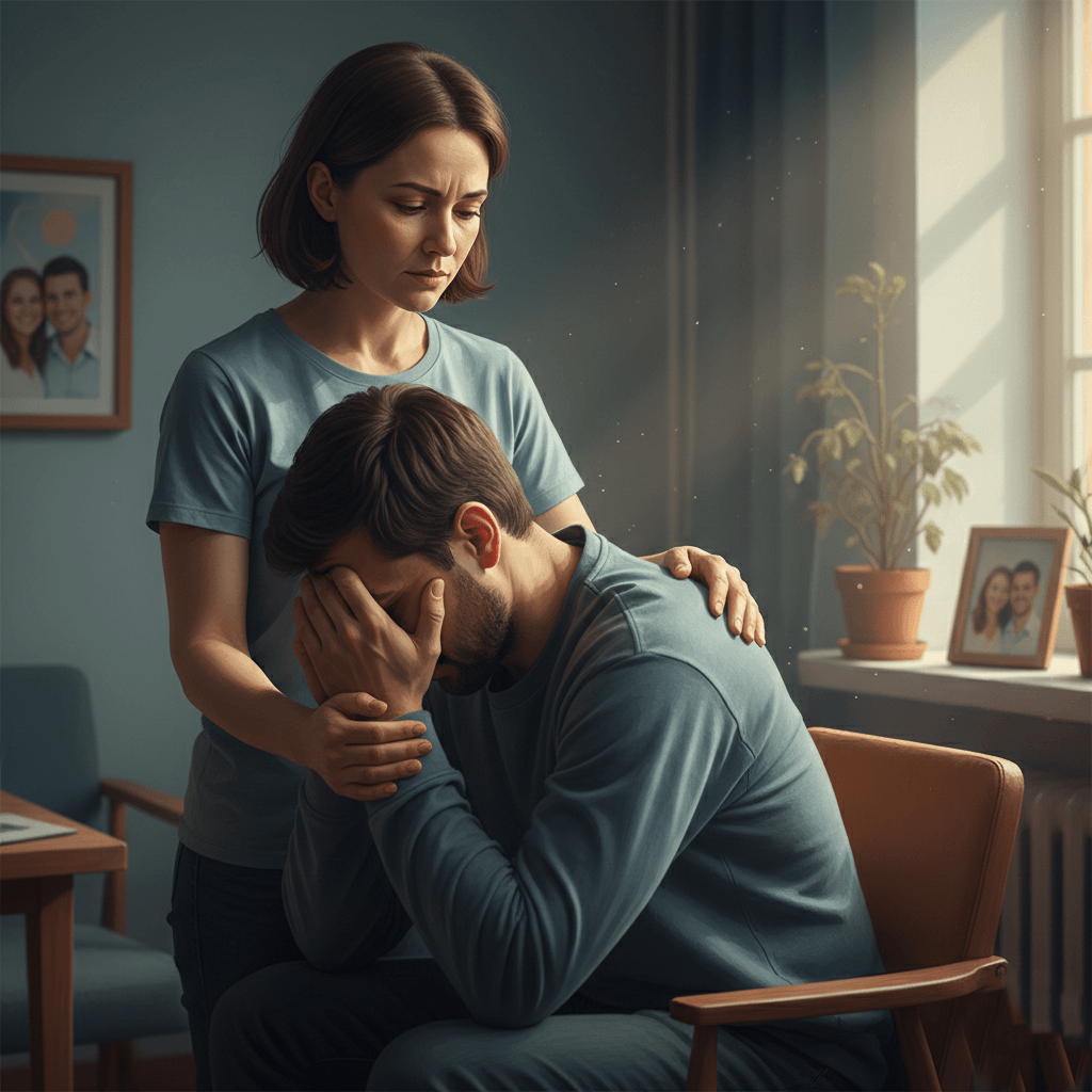 Woman comforting distressed man sitting in a chair in a softly lit room with family photos and plants.
