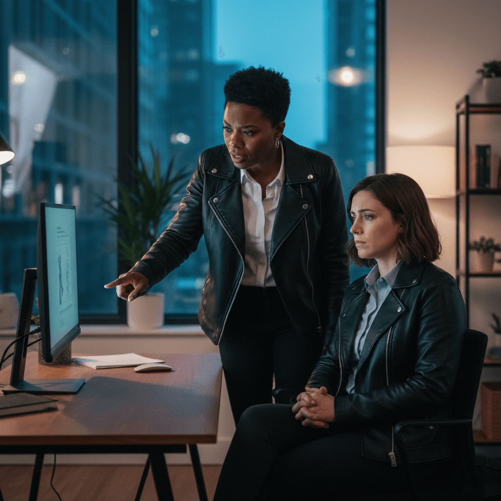 Two women in leather jackets working together, one pointing at a computer screen in an office at dusk.