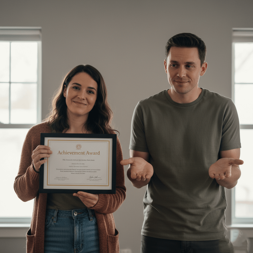 Woman holding an Achievement Award certificate while a man beside her shrugs with open palms indoors.