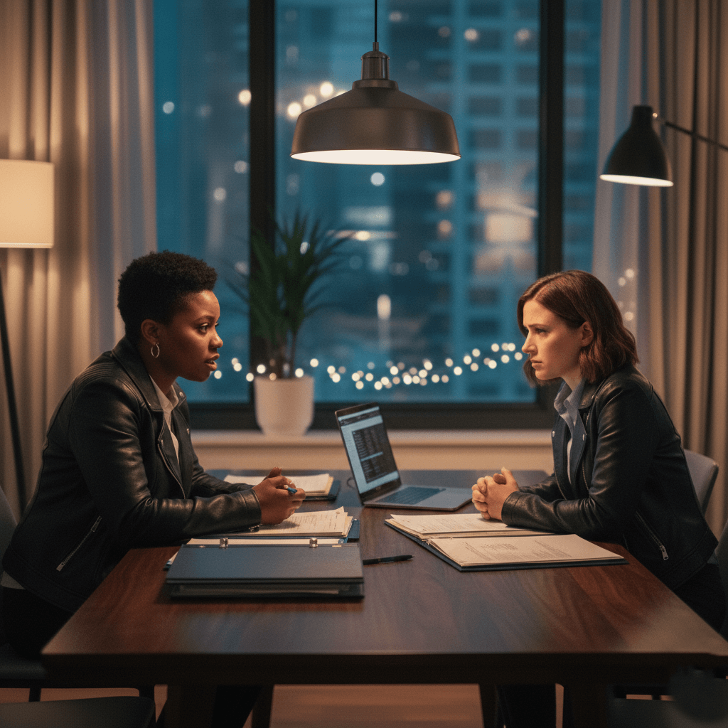 Two women in leather jackets having a serious discussion across a table with documents and a laptop in an office.