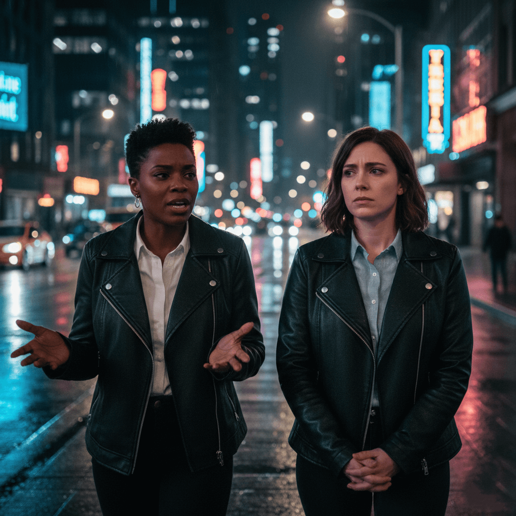 Two women in black leather jackets having a serious conversation on a rainy city street at night