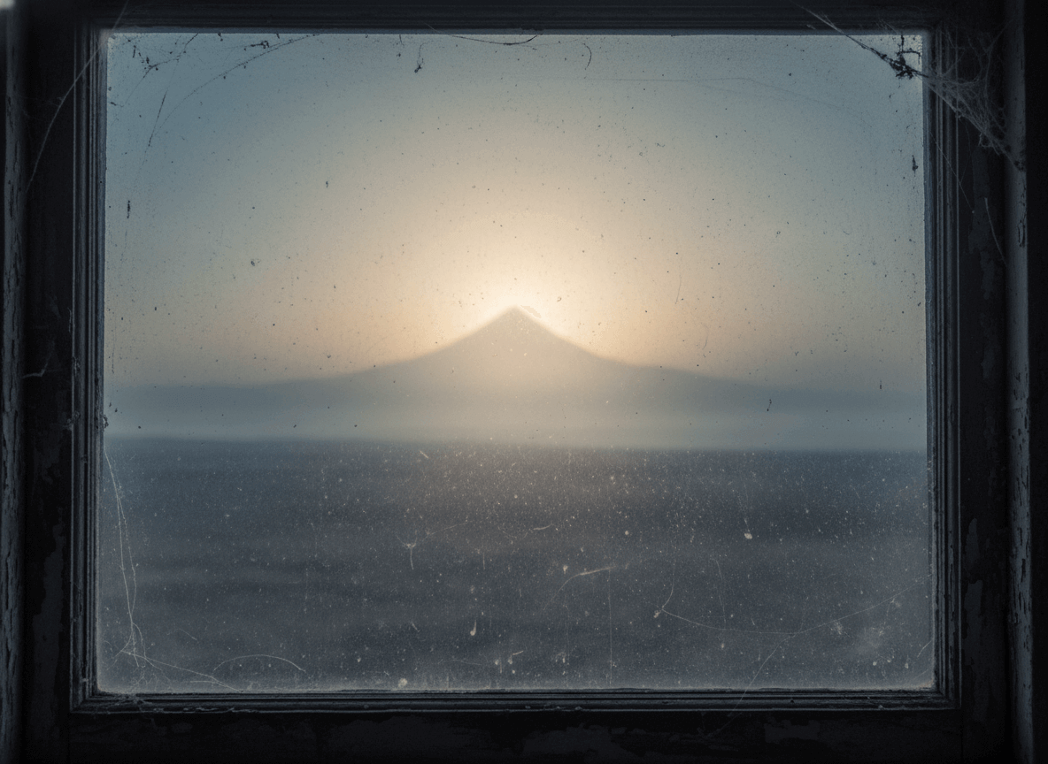 Mount Fuji silhouette at sunrise seen through a dusty window with cobwebs on the frame