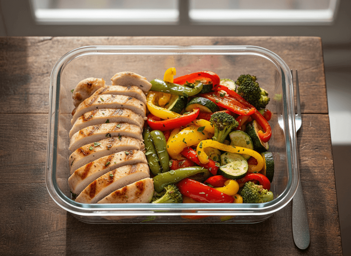 Grilled sliced chicken breast with mixed sautéed vegetables in a glass meal prep container on a wooden table.
