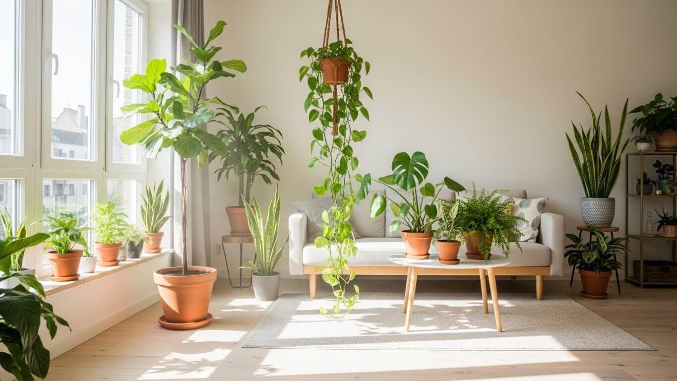 Bright living room with various potted indoor plants, a white sofa, and a wooden coffee table with plants on it.