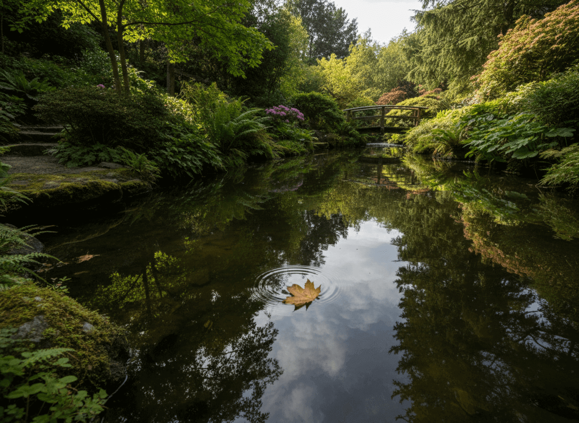 Yellow leaf floating on a pond with ripples, surrounded by lush greenery and a wooden footbridge in the background.