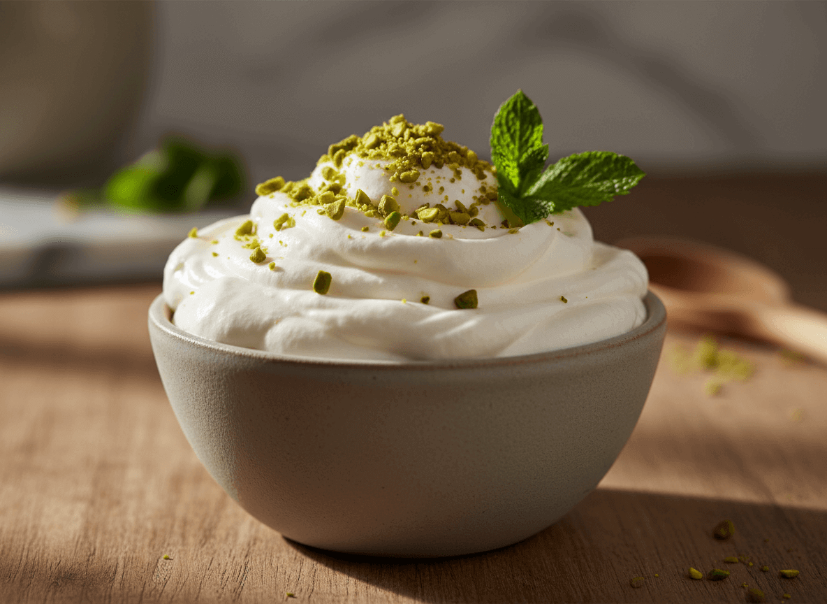 Bowl of whipped cream topped with crushed pistachios and a sprig of fresh mint on a wooden surface.