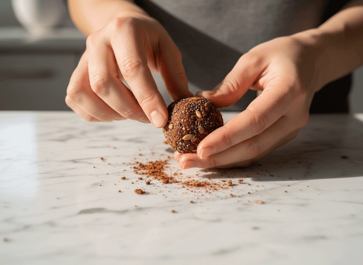 Hands holding a round chocolate energy ball with seeds over a marble countertop with cocoa powder crumbs