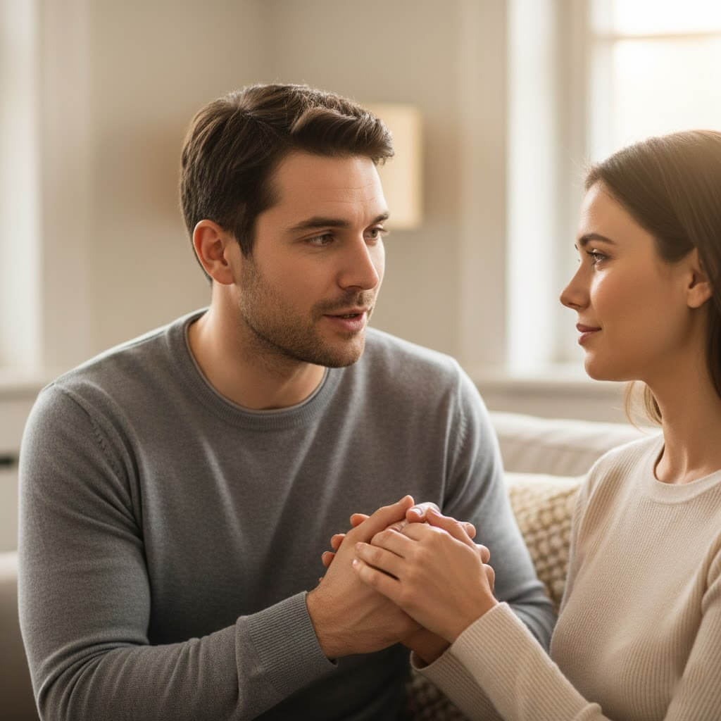 Man and woman holding hands and looking at each other in a cozy indoor setting