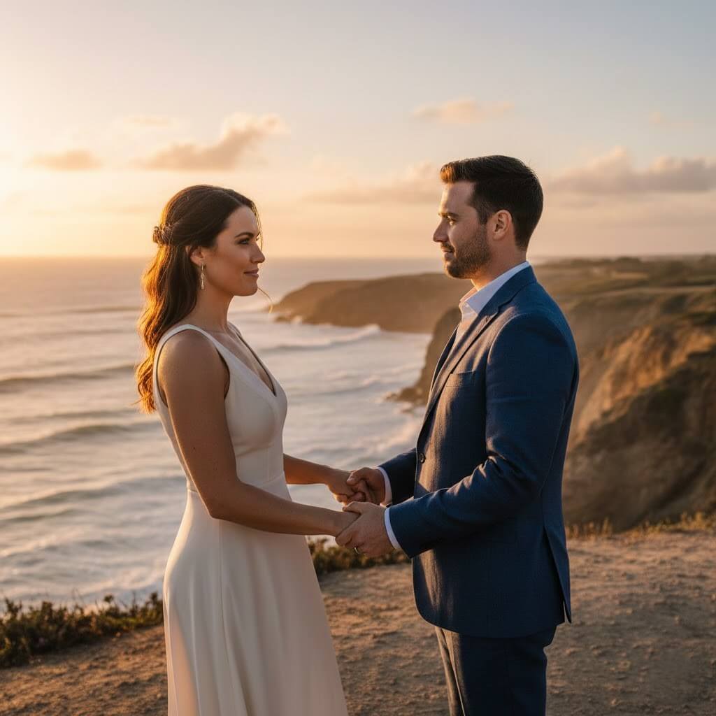 Couple holding hands and facing each other at sunset on a coastal cliff, woman in white dress, man in blue suit.