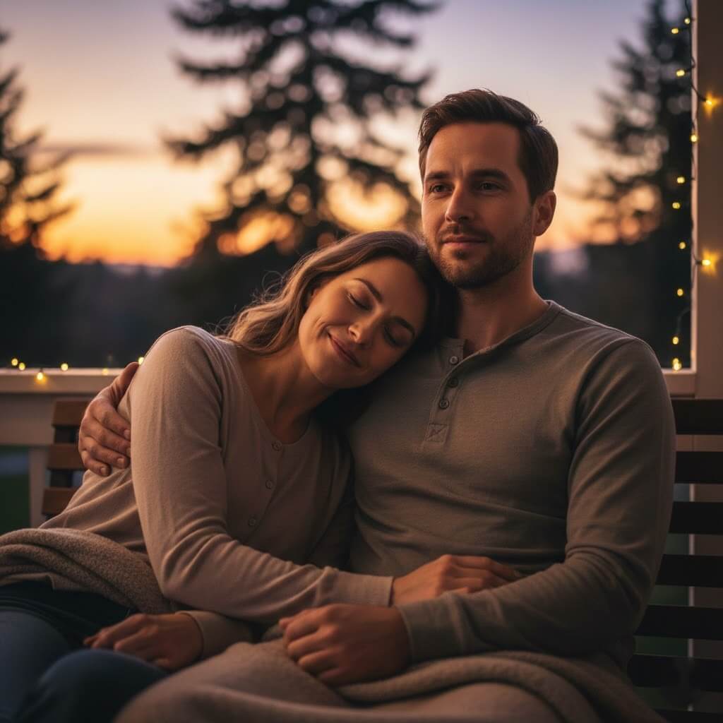 Couple cuddling on a bench at sunset with string lights in the background