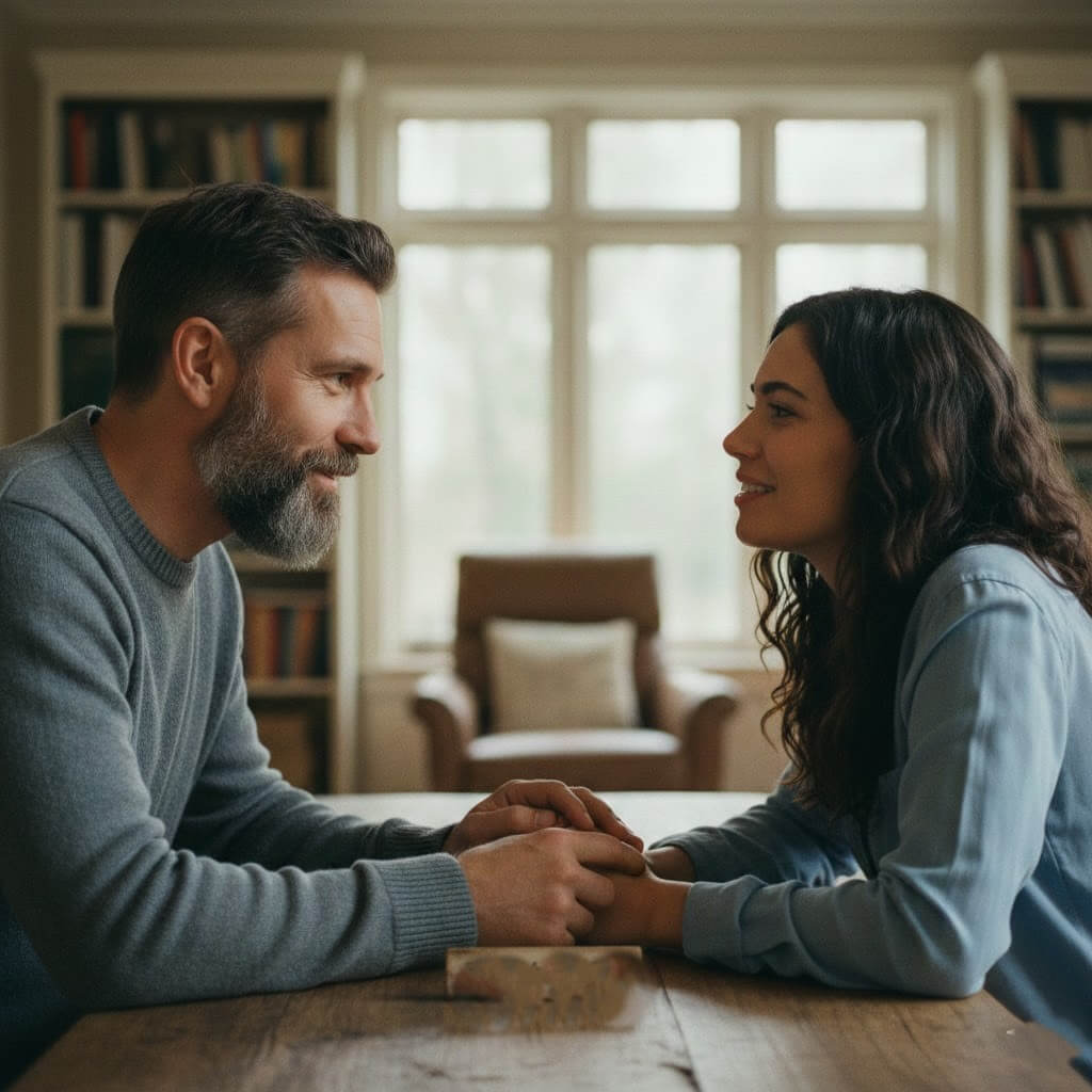 Man and woman holding hands and smiling at each other across a wooden table in a cozy room.