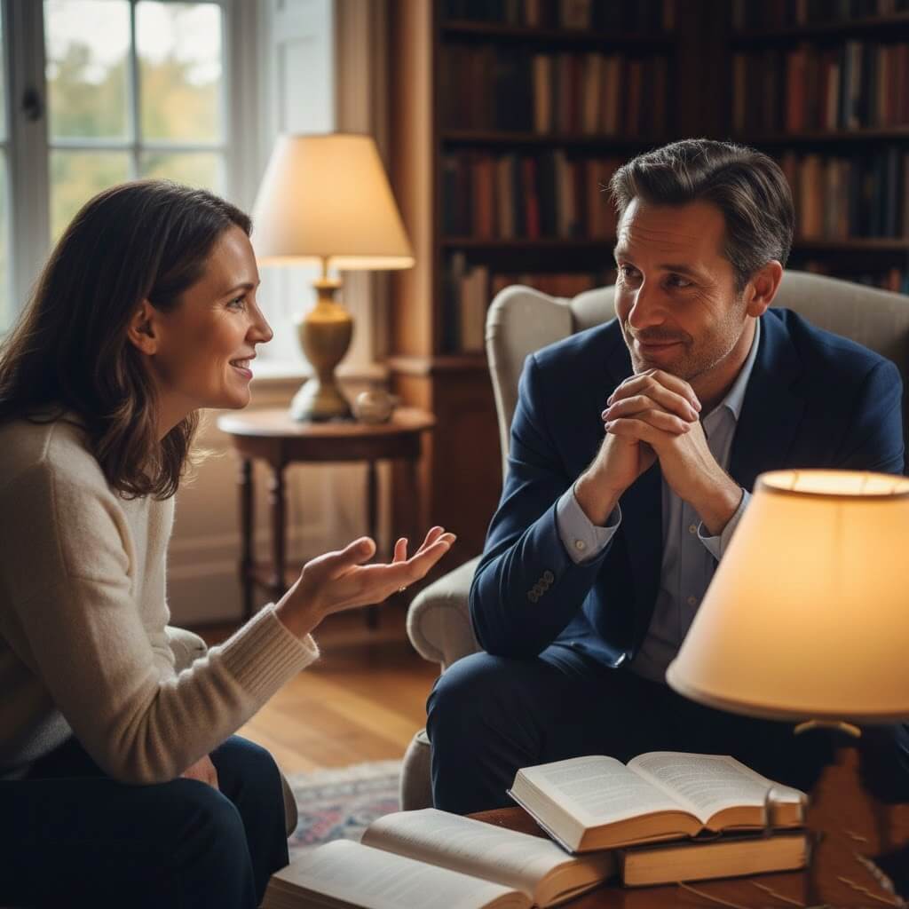Man and woman engaged in a conversation in a cozy library setting with open books and warm lighting.